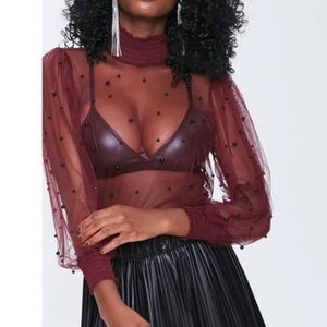 🖤Pick 5/$25 Burgundy Sheer Faux Pearl Studded Sexy Mesh Blouse - S